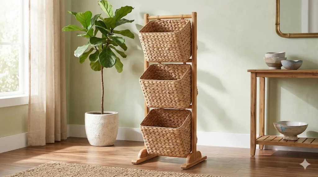 Natural Fibre Storage Basket Stand Three Chamber Organizer