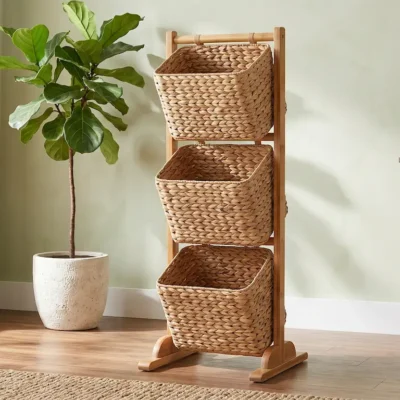 Natural Fibre Storage Basket Stand Three Chamber Organizer