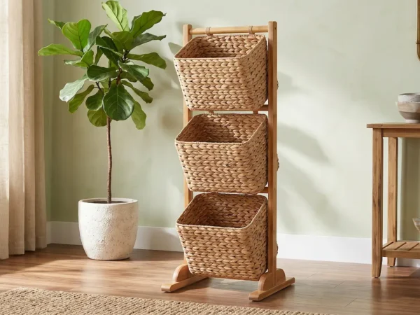 Natural Fibre Storage Basket Stand Three Chamber Organizer
