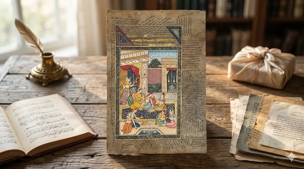 Antique Mughal Painting – Miniature Courtyard Scene Wall Art