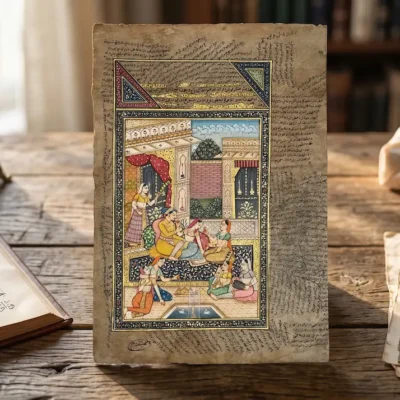 Antique Mughal Painting – Miniature Courtyard Scene Wall Art