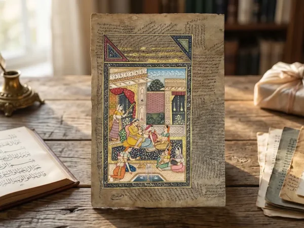 Antique Mughal Painting – Miniature Courtyard Scene Wall Art
