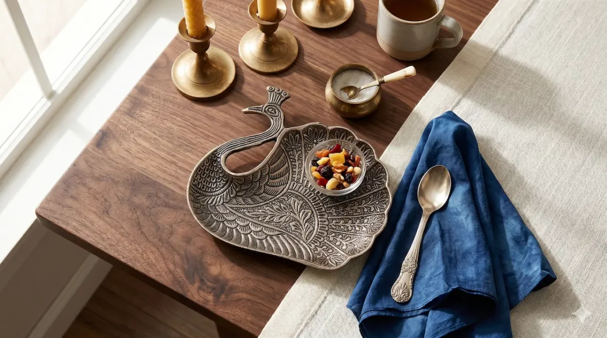 Brass Serving Tray Peacock Shape Metal Craft