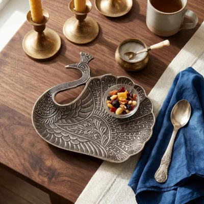 Brass Serving Tray Peacock Shape Metal Craft