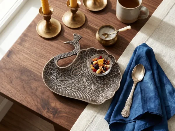 Brass Serving Tray Peacock Shape Metal Craft