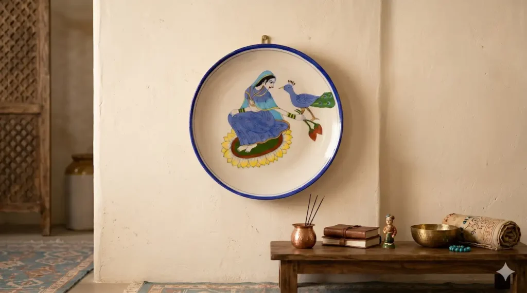 Jaipur Blue Pottery Queen Peacock Wall Plate for Home Décor